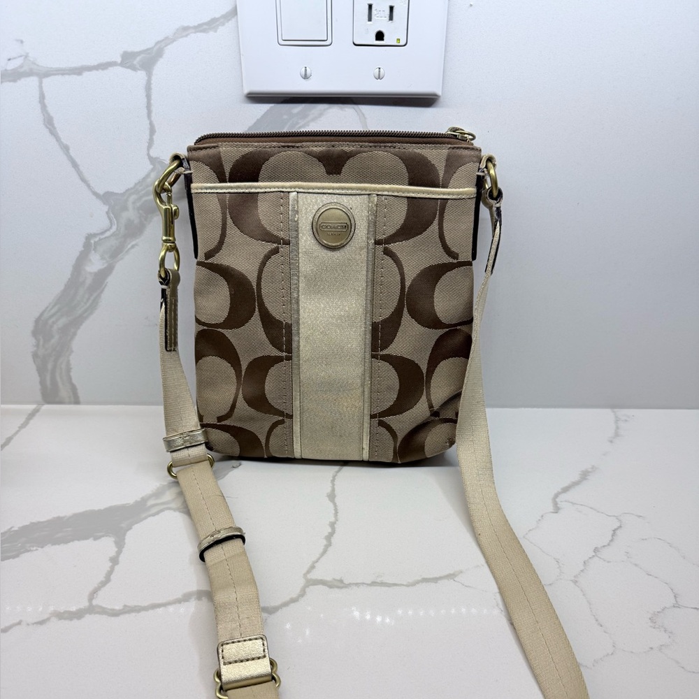 COACH SIGNATURE C TAN CANVAS AND GOLD LEATHER SHIMMER STRIPE CROSSBODY BAG 1